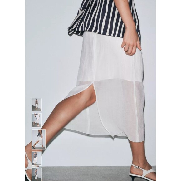 Zara Women Semi Sheer Midi Skirt Oyster White Size XS Elastic Waist - Picture 2 of 10